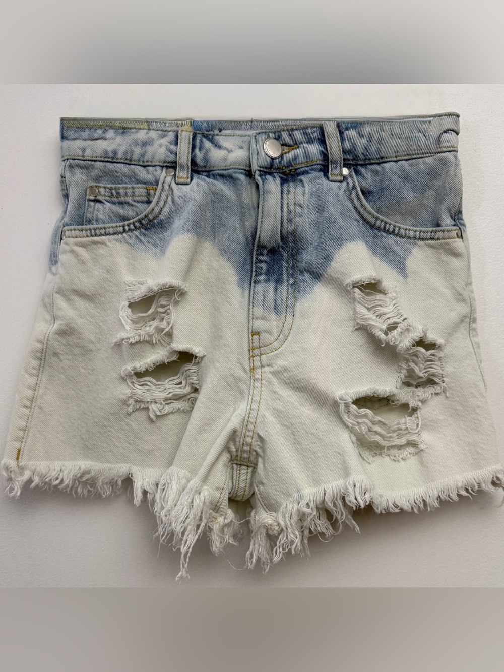 Zara Two-Tone Bleach Wash Distressed Denim Shorts - Blue & White
